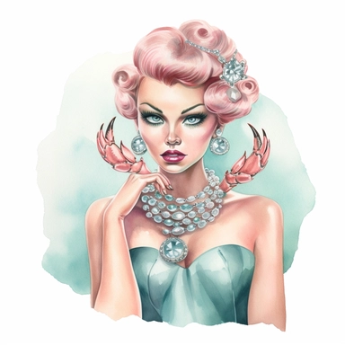Hand drawn 1950’s pin up woman, dressed like cancer the crab, very glamorous with jewelry, shades of dusty rose teal and blue, half body, very detailed and realistic, watercolor, white background with margins, clipart style