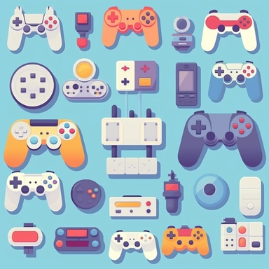 Gamepads vector clipart, vector cute collection, in the style of# screenshotsaturday, light blue soft pastel background, flat areas of color, flat color blocks, 1970–present, rough - edged 2d animation, lightbox, colorful animation stills, high quality clipart, front view