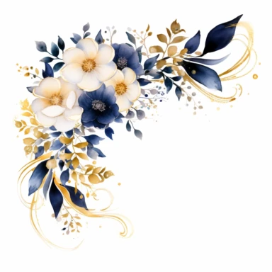 corner floral trail, white, gold and navy, watercolour, clipart