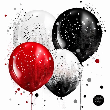 Red, Black and White Balloons Clipart, glitter and confetti party clipart for birthdays, white background, no shadows