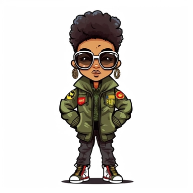 cartoon illustration of a cute black woman, with attitude, leaning with crossed arms, wearing camouflage pants and a green, yellow and red, jacket with red sunglasses, two afro puffs hairstyle, clipart, white background