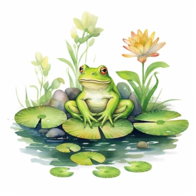 Watercolor Lily Pond Clipart - springtime cute lily pad and frog pond, clipart, white background