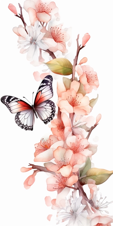 clipart Watercolor art of a cherry blossom branches, and butterflies, with soft pastel hues, illustration in the style of Ayami Kojima and J.C. Leyendecker, pixiv, high quality, highly detailed,on white background,fit image on paper, align center and middle, iw 0.75
