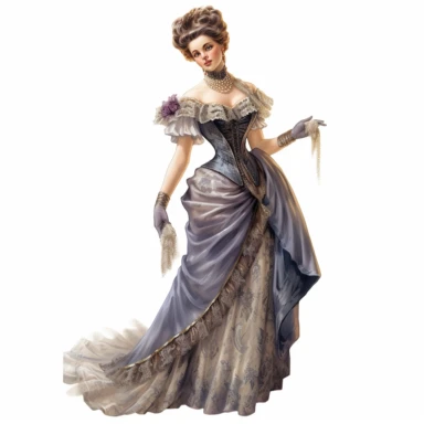 A Victorian lady in a victorian outfit. Her poised expression and magnetic gaze draw you into her world of Victorian splendor. Against a white background, the intricate details of her attire, including the flowing silhouette and intricate drapery, are depicted with exceptional detail and lifelike realism. Clipart, watercolor, white background, intricate detail, unreal engine cinematic smooth