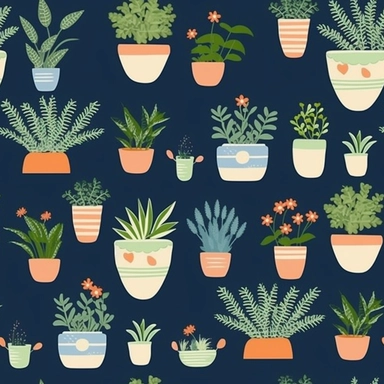 A cheery, clipart-style pattern of various potted plants, each with its own unique character and charm. Some pots have blooming flowers, while others host succulents, ferns, and even bonsai trees. The colors are mild and soothing, and the pattern seamlessly repeats, creating an endless garden, perfect for creating a calm, green space on any wall.