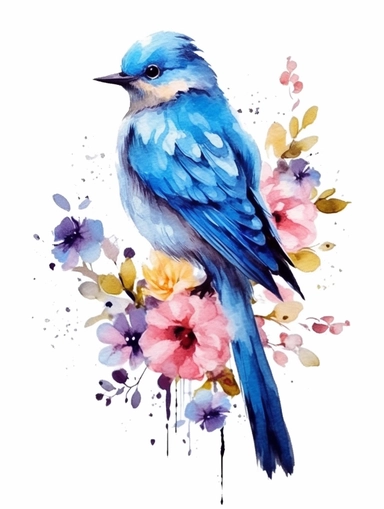 blue bird with flowers, watercolor clipart, completely white background, watercolor,
