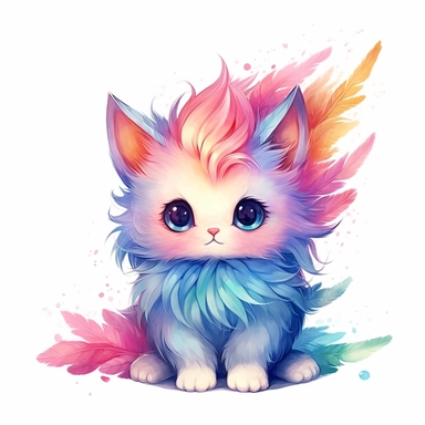 A drawing of a cute kitten with colorful feathers.