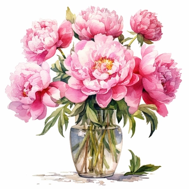 Bouquet of beautiful large pink peonies in transparent vase, standing in front of the the french door open to the french south of france garden, clipart, watercolor Illustration, Sublimation graphics, by Beatrix Potter, single design, print on demand image, PNG transparent background, white background, 8k