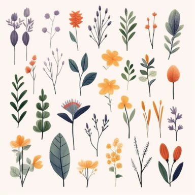 Design a collection of minimalistic clipart, watercolor, separate hand-drawn line art illustrations, each representing a distinct botanical flower or leaf. Inspired by the elegance of logo design, focus on capturing the essence of each plant element through simple, yet memorable shapes and lines. Create visually striking images that stand out on their own, while still maintaining a cohesive theme, showcasing the delicate beauty of nature's hidden gems in a contemporary and stylish way. These des
