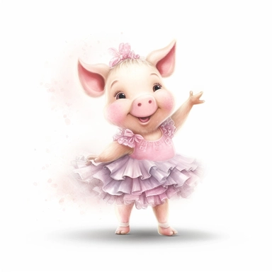 a cute ballerina pig dancing, full body, pencil and watercolor clipart style, cartoon style, super high quality, high resolution, pastel colors, isolated white background, 8k