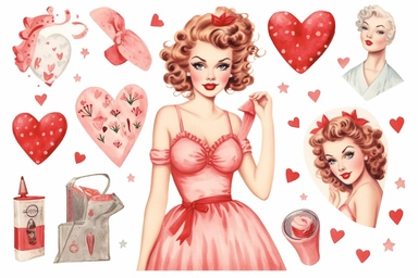 1950s Pin up girl valentines day watercolor clipart