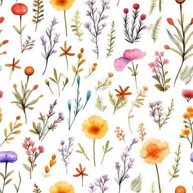 flora, flowers, Watercolor, vector, white background, clipart, Seamless patterns, repeating patterns design, flat illustration, outlined , Vector, 4K, Art station, digital print, highly detailed clean, A detailed illustration a field,3D vector art, cute and quirky, fantasy art, watercolor effect, bokeh, Adobe Illustrator, hand-drawn, digital painting, low-poly, soft lighting, bird's-eye view, isometric style, retro aesthetic, focused on the character, 4K resolution, vector image, photorealistic 