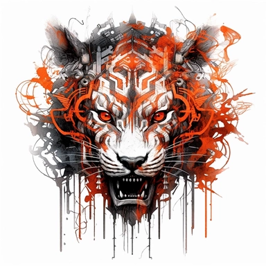 clipart, Cinematic Metallic Sci-fi Portrait Art Dark Surrealism a tiger made from tar and flames in the style of realistic color schemes dark orange and red futuristic realism captivating realism , graffiti street style whit intricate lines inked, white background, by yoji shinkawa