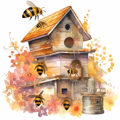 Watercolor Honey Bee home Clipart, spring garden bee, beehive clip art
