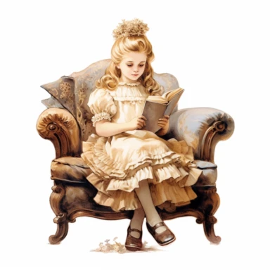 victorian vintage adorable little girl reading book, full body, pastel beige colors, clipart style, oil painting technique, super high quality, professional watercolor clipart, high resolution