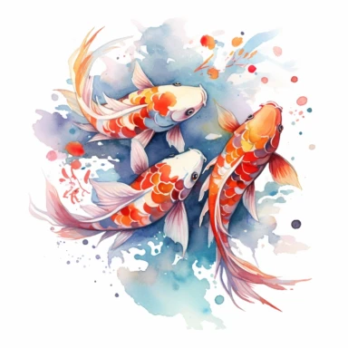 Fantasy mystical Koi Fishes Clipart, Watercolor Cartoon, hyper realistic, intricate detail, illustration style, high resolution, on the white background
