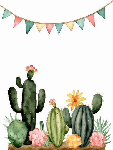 create a hand drawn watercolor clipart of a cactus and birthday bunting flag, white background, 4k,