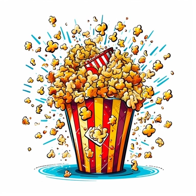 Clip art, png, A box of popcorn, with a few pieces popping out, in a fun, movie-style theme, moderately abstract, white background