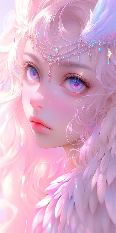 pastelcolor beautiful fantasy art, Angel with beautiful realistic face and beautiful eyes, with purple and pink feathers, angel wing, gold light, chibi kawaii animated style, vivid vibrant colors, intricate detail, hyper detailed, hyper quality, 32K, unreal engine, isolated on white background, kawaii, clipart