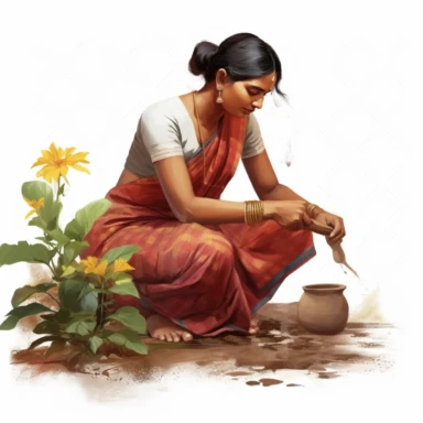 illustration clipart of Asian Indian woman gardening, hyperrealistic, white background