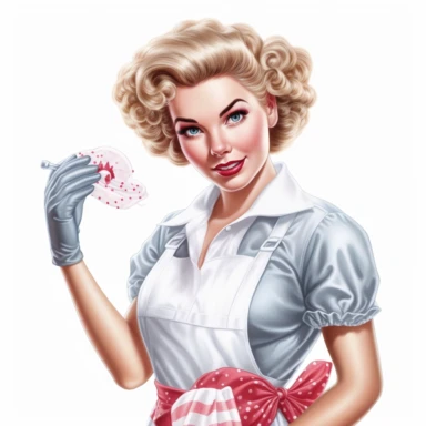 beautiful pretty pin up woman, makeup and hair 50's style, diferent cleaning poses,maid dressed, and a lace on her hair, all in 50's style, paint art style, detail, clipart, white background, superrealistic, one of a kind