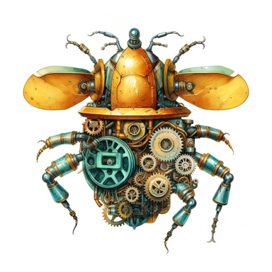 a steampunk style mechanic bug with watercolor effect,steampunk style gear wheels,steampunk style,unrealistic,suitable for digital cliparts , fantastic scene , high quality,fantastic scene