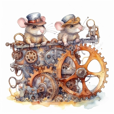 A pair of clever mice operating a whimsical contraption that transports them through a network of underground tunnels, with gears, levers, and pipes. Watercolor clipart in HD on a white background.
