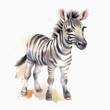 watercolour, clipart, a cute little zebra, white background, in the style of animated gifs, soft shading, soft watercolors, children's story book, simplistic,