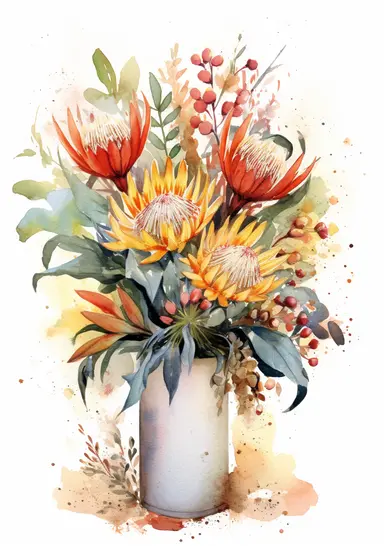 Bouquet of beautiful flowers in a Australian vase: Kangaroo Paw (Australia), Waratah (Australia), Banksia (Australia) - artistic watercolor clipart