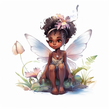 ultra beautiful cute baby girl black skin fairy elf, pixie with beautiful buttefly style wings in a sitting position holding a flower in the woods clipart, water color illustration, mary cecily baker style ,white background