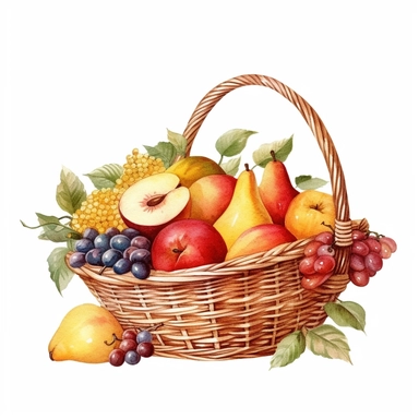 vintage basket full of summer fruit, watercolor, clip art, white background