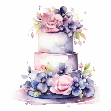 clipart, isolated on white background, Watercolor cake with flowers, white colored, ornated, pastel colors