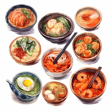 Kimchi, Korean fried chicken, Tokpokki, Ramyeon, Jajangmyeon, Kimbap, Bibimbab, Shabu Shabu, Sundubu jigae, Ginseng chicken soup, korean food, white background, clipart, Object, vector collection, 8k, watercolor