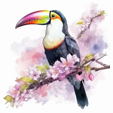 Keel-Billed Toucan sits on a sakura branch on a white background, illustration in watercolor style, drawing done in professional glazing technique, expressive details, realistic drawing technique, saturated colors, harmony with nature, pronounced contours, clipart, a masterpiece, white background