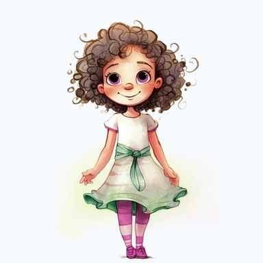 4 year old cartoon Pretty girl, cute cartoon white skin girl with medium lenght curly hair and brown eyes, wearing fuchsia clothes, smiling with her arms crossed. Pixar childrens book cartoon style, detailed, modern, urban, watercolor, full color, flat color, white background, children book illustration. Watercolor clipart. Pixar animation