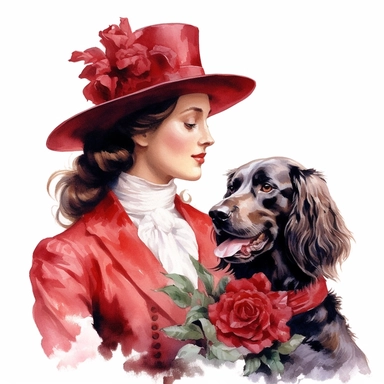 In the enchanting world of Victorian elegance, a sophisticated woman dressed in a striking red ensemble, embellished with cascading red roses, is accompanied by her faithful furry friend. This charming companion, a playful Cocker Spaniel, exudes warmth and affection. Together, they capture the essence of timeless beauty and companionship. Clipart, watercolor, white background, intricate detail.