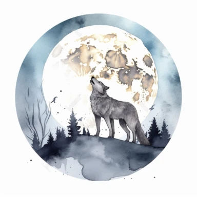 A wolf howling at the full moon, watercolor style, clipart image, no text, no symbols, no logo, on white background