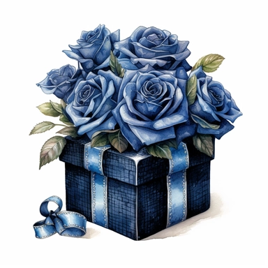 Dark fantasy Blue Roses Gift Box Clipart, Watercolor, hyper realistic, intricate detail, illustration style, high resolution, on the white background