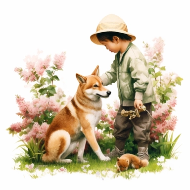 Shiba Inu and beauty boy playing in a spring garden realistic Clipart on white background