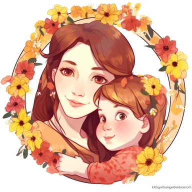 cute mom loving her little one art wallpaper, face closeup, in the style of dark amber and light amber, made of flowers, feminine sticker art, tokina opera 50mm f/1.4 ff, colorful drawings, massurrealism clipart, white background, png