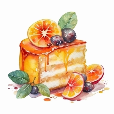 watercolor yummy passion fruit cake with cream clipart, piece of cake, hd, on white background, spaced out, orange pastel color
