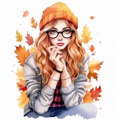 Just a Girl Who Loves Fall , style by Lucy Fleming, watercolor, smooth gradients, black contour outline, ultra detailed, clipart elements, delicate pastel colors, solid white background, super clear, high quality