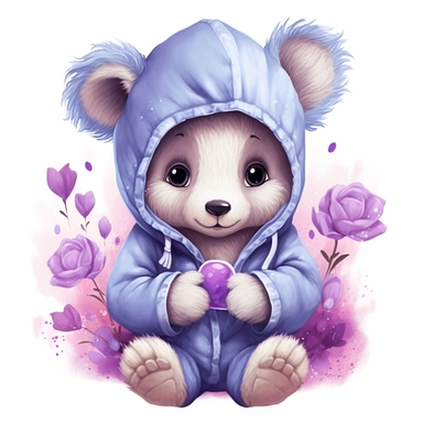 a shy baby bear in hoody Clipart, covered in hearts, Nursery summer Clipart, Easter Clipart, Crafting Digital Paper, purple and blue backlight Mother’s Day, white background