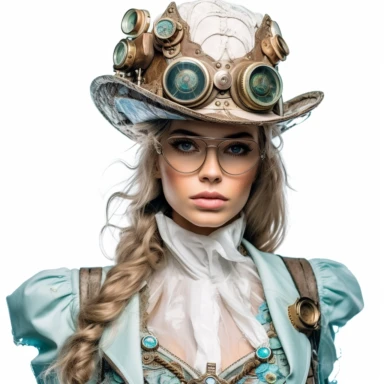 Solid white background. Waist-up portrait of a stunning steampunk lady with a captivating gaze and a soft smile. Her porcelain skin tone accentuates her pastel turquoise and silver outfit, a fusion of Victorian-era elements and steampunk mechanics. Her hat, adorned with built-in goggles, completes her look. The background is devoid of steampunk details. Pastel clipart, hyper-realistic, retro-futurism, solid white background