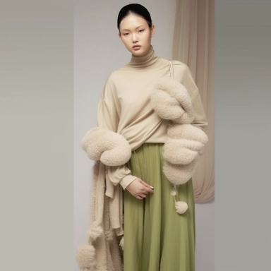 Autumn 2025 Women's Wear Design Exhibition, braided style, avocado green, light beige, textured mohair, irregular length, pom-pom embellishment, very three-dimensional, Petrina Hicks, Chinese contemporary art style, minimalism, high Detail, 16K, high quality, deconstructed clip ar 18:29