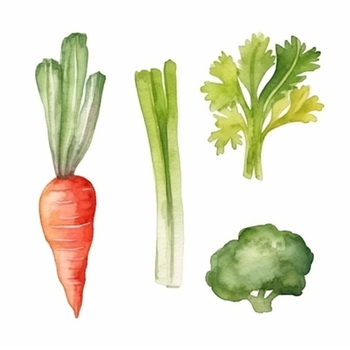 basic watercolor carrot, lettuce head, red bell pepper, green bell pepper and celery stalk in minimal hand drawn style, Etsy, textured, clipart, white background