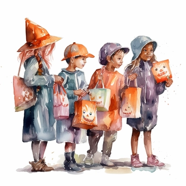 Generate a watercolor clipart image of a group of trick-or-treaters dressed in costumes and holding their candy bags on a Halloween night, white background