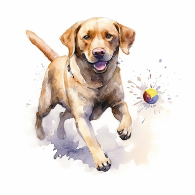 Labrador Retriever, Playing Fetch, watercolor, Clipart, white background, no text, no caption