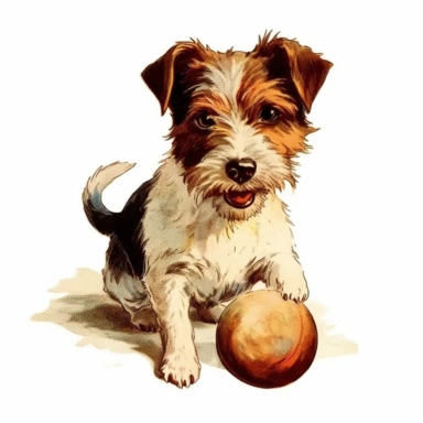 Vintage 1920 Terrier Dog in a holding a ball in his mouth Clipart Illustration, Chromolithograph, 1920s Illustration, Vintage, Chromolithograph, Colorful, Antique, Ephemera, Clipart, 8k, Isolated on white
