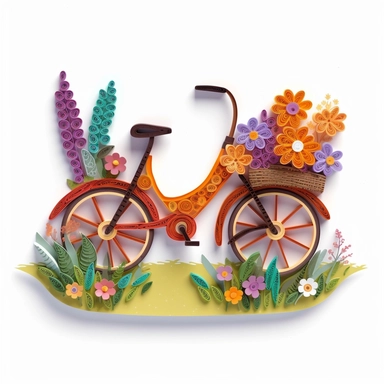 clip art, quilling art style, bicycle with flowers coming out of the basket, grass on the ground, high detail, white background fade to edges, sticker